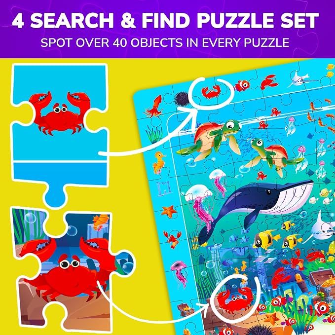QUOKKA 100 Piece Puzzles for Kids Ages 4-6 – 4xSET Jigsaw Puzzles for Kids Ages 6-8 – Educational Search & Find Game with Animals, Bugs for Childrens 5-8 – Toddler Learning Toy Gift for Boys and Girls