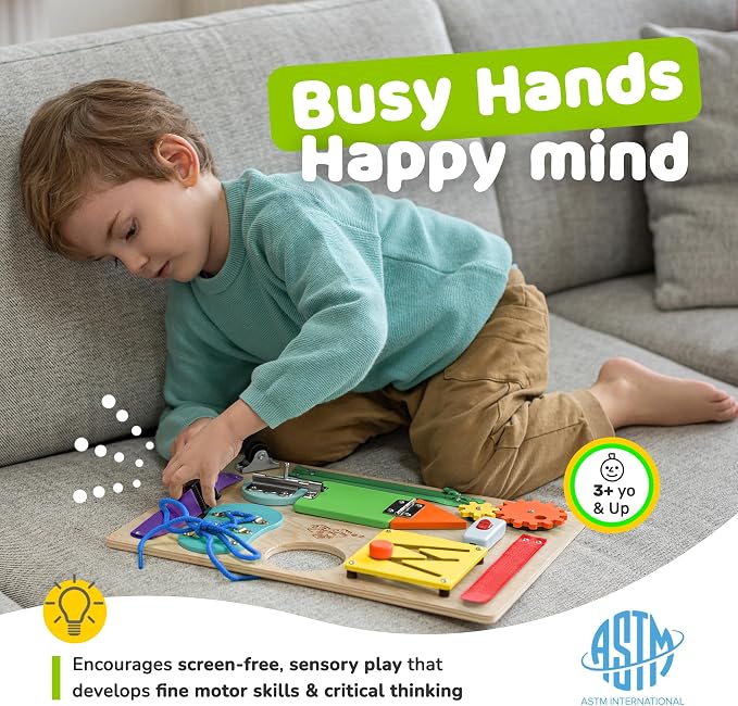 Montessori Busy Board, Premium Wooden Sensory Toy | Busy Board for 3 Year Old with 10 Educational Activities for Fine Motor Skills, Travel Toy