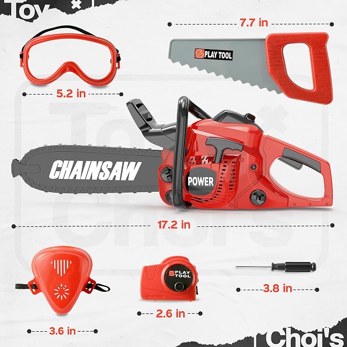 Toy Choi's Toy Chainsaw with Realistic Sound，Kids Gardening Tool Play Set | Rotatable Safe Chain, Sturdy Plastic Kids Chainsaw for Boys Girls Ages 3 4 5 6 7 8 with Toy Tool Set, Yard Pretend Play Gift
