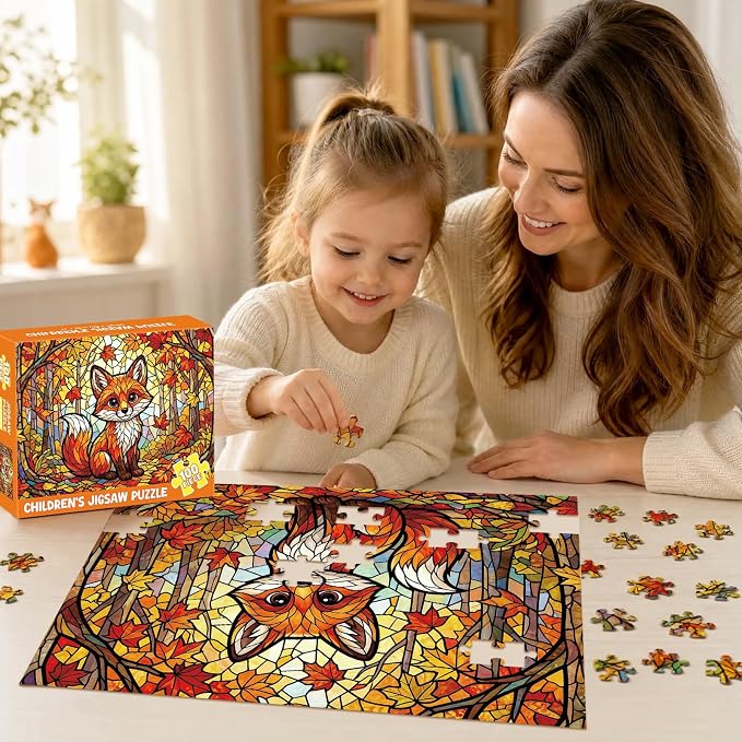 4-Pack 100 Piece Puzzles for Kids Ages 4-8 6-8 8-10, Panda Giraffe Kids Puzzles Ages 4-6 5-8 8-10, Flamingo Fox Stained Glass Forest Animal Puzzle 100 Pieces, Educational Jigsaw Puzzles Gifts 15x10in
