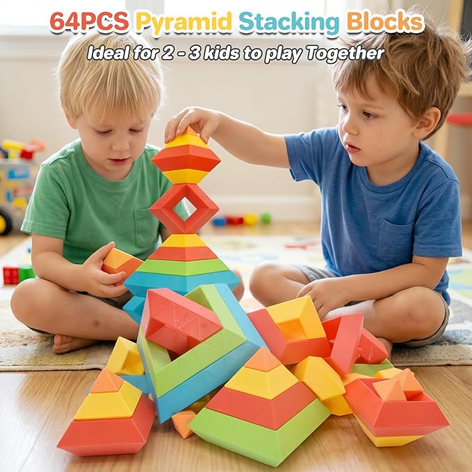 64-Piece Building Blocks Set, Pyramid Stacking Toys for Toddlers | STEM Montessori Toys & Ideal Manipulatives for Preschoolers - Pyramid Magic Tower Gifts for Kids Boys Girls Ages 3 4 5 6