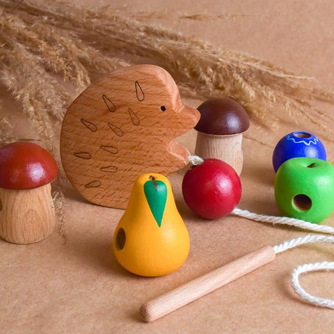 Wooden Lacing Toy Hedgehog, Montessori Baby Materials Educational Learning for Kids, Children Early Development, Unique Handmade First Birthday Gift for Boys and Girls