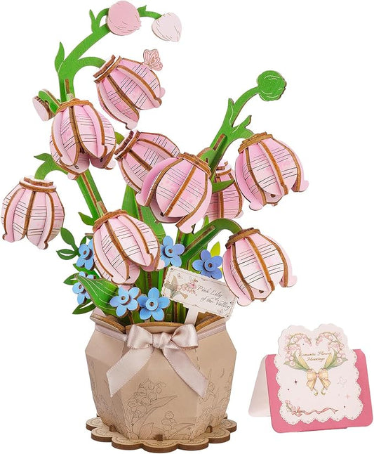 rowood Pink Lily of the Valley,Wooden Flower 3D Puzzles for Adults,DIY Craft Kits for Women,Botannical Collection Building Set,Mothers Day/Teachners Day Gift