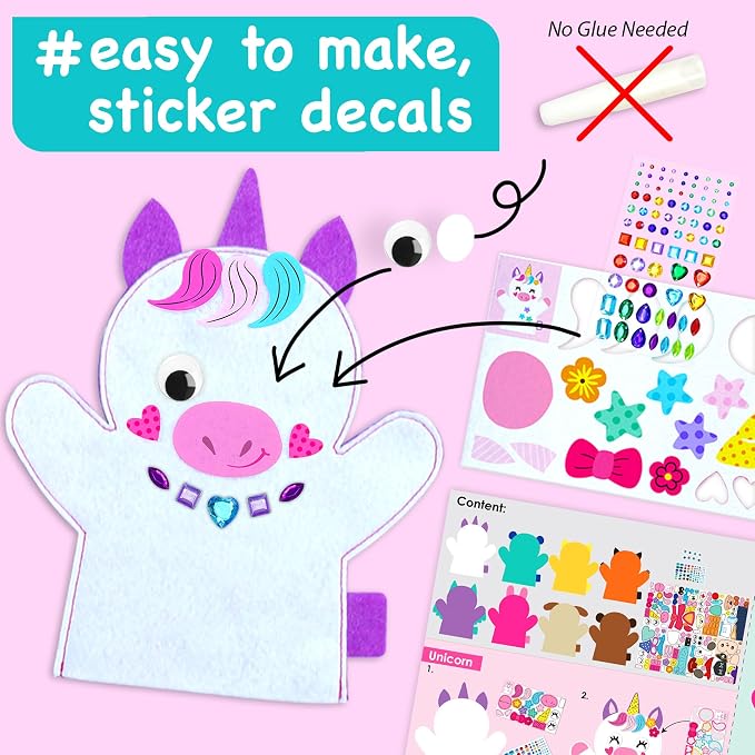 EZCRA Unicorn Hand Puppet Making Kit - 8 DIY Projects | No Glue, No Mess. Make Your Own Puppet Kit for Girls and Boys ages 5-10. DIY Puppet Crafts with Stickers. Birthday Gift.