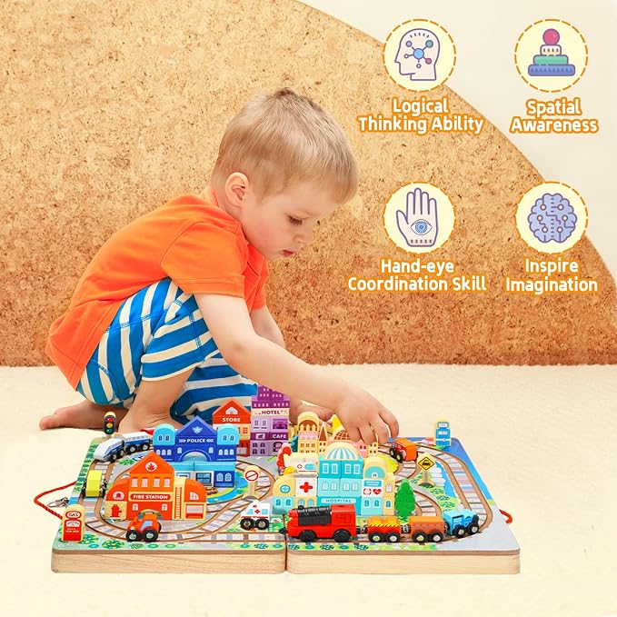 Adena Montessori Wooden Tabletop Train Set, Large, 3+ | Safe wood, 75 blocks + Train. Build tracks & city. Boosts motor, logic & creativity. Take-along tabletop. Gift 3+.