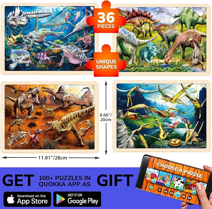 QUOKKA 4SET Puzzles for Kids Ages 4-6 - 36 Pcs Wooden Toddler Realistic Montessori Puzzles Ages 3-5 - Land, Sea, Desert, and Sky Dinosaurs Learning Games for Boys and Girls 4-8 Year Olds