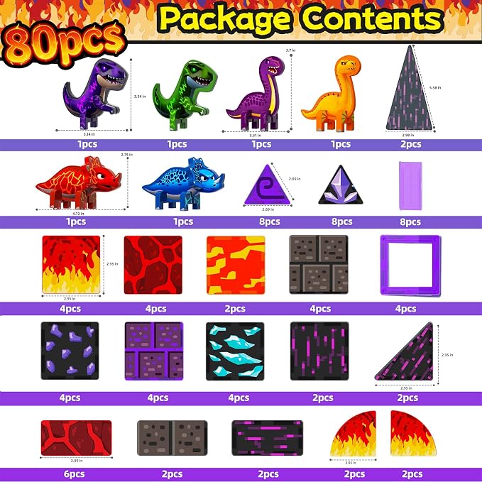 GobiDex 80PCS Dinosaur Toys Magnetic Tiles Building Blocks for Kids Ages 3+ | Jurassic Dinosaur World Adventure Theme, STEM Magnetic Blocks Building Play, Creative Brthday Gifts for Boys Girls
