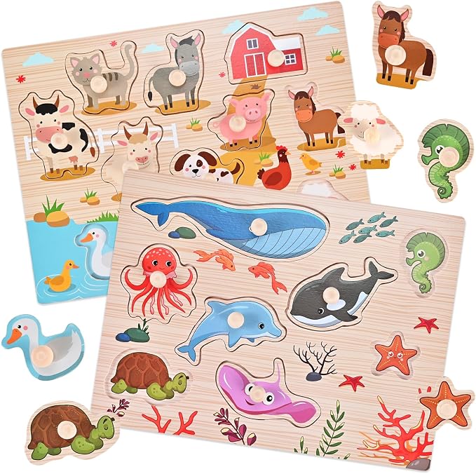 Wooden Peg Puzzles for Toddlers 1-3, 2 Pcs Montessori Puzzles, Upgraded Animal & Sea Themes Puzzles, Great Preschool Educational Learning Gifts for Girls and Boys
