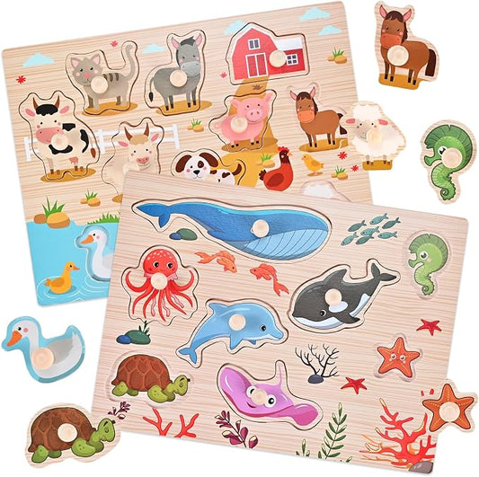 Wooden Peg Puzzles for Toddlers 1-3, 2 Pcs Montessori Puzzles, Upgraded Animal & Sea Themes Puzzles, Great Preschool Educational Learning Gifts for Girls and Boys