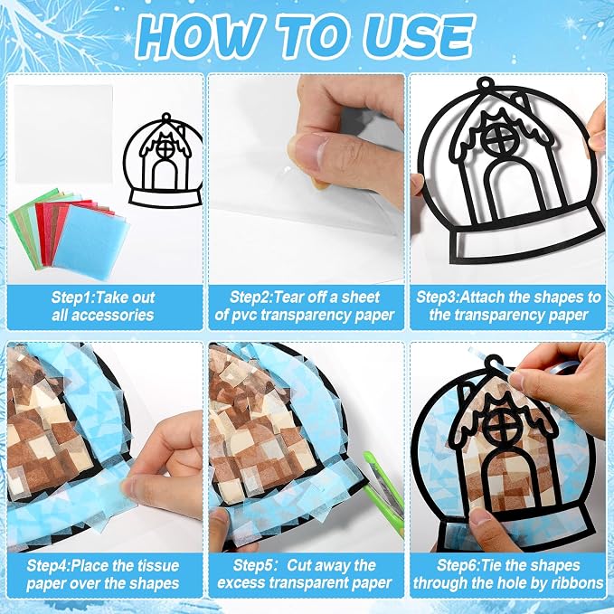 Qyeahkj 36 Set Winter Christmas Suncatchers Craft Kit for DIY Santa Snowman Reindeer Globe Tissue Paper Craft Kit Hanging Decor for Xmas Home Activity Art Project Birthday Party Favor Gift