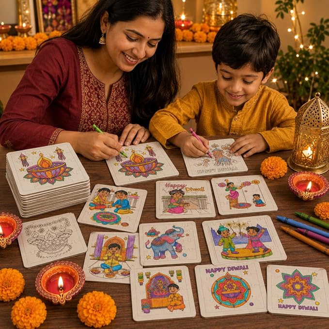 Cinrobiye 24 Pcs Diwali Coloring Puzzle Craft, Deepavali Festival of Lights DIY Activity Jigsaw Puzzle Set, Indian Festival Decorations for Classroom, Home Celebration, Cultural Events, Party Favors