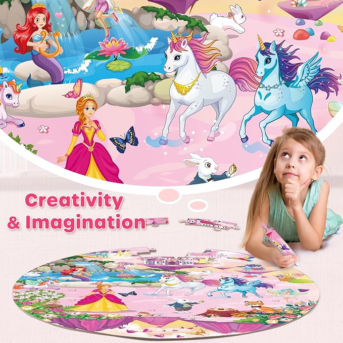 SYNARRY Unicorn Princess Mermaid Fairy Floor Puzzle for Kids Ages 3-5, Large 70 Piece Wooden Puzzle for Kids Ages 4-6, Preschool Toys Gifts for 3 4 5 6 7 8 Years Old Boys Girls Children | Large 70-Piece Puzzle for Kids Ages 4-6, Unicorn Princess Mermai...