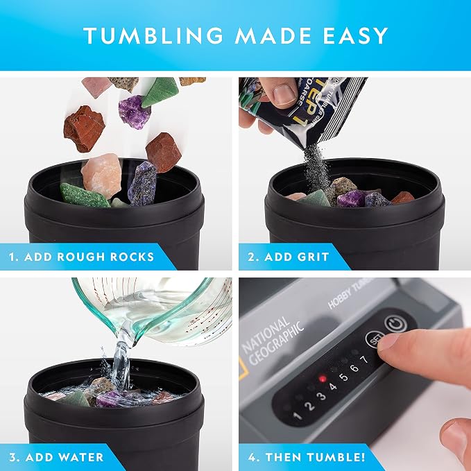 National Geographic Hobby Rock Tumbler Kit for Kids and Adult Beginners | Leak-Proof Barrel, 7-Day Timer, Rough Gemstones, 4-Stage Grit, GemFoam Polish, Jewelry Settings, Geology Hobby