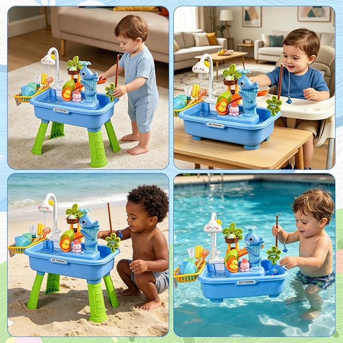 2027 Upgraded 4-in-1 Water Table for Toddlers 1-3, Kids Sensory Table with Electric Water Pump & Faucet, Kitchen Play Sink Toys with Food Accessories, Fishing Toy