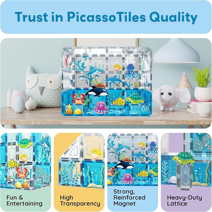 PicassoTiles 52 PCS Magnetic Tiles Ocean Animal STEM Set 8 Figures Ages 3+ | 44 blocks, 22 aquatic prints, BPA-free & non-toxic plastic, strong hold, roleplay, sensory discovery, motor skills