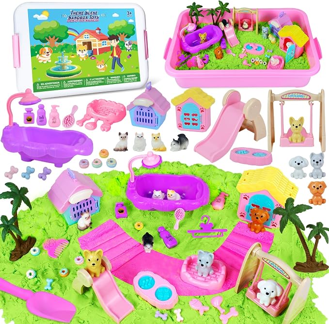 Pet Sensory Bin, Cat & Dog Sensory Play Sand Art Kit Set for Toddlers Kids | Sensory Bin with Sandbox & Tools & Pet Care Set, Indoor Outdoor Pretend Play Beach Toy Gift for Girls Boys 3 4 5 6 7 8