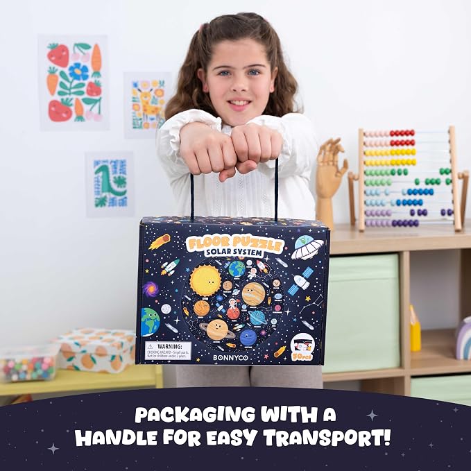 BONNYCO Giant Floor Puzzles for Kids Solar System with 70 Large Pieces. Round Space Puzzle with Planets, 23 x 23 in, 15 Cards, 4 3D Figures, Guide. Learning Gifts, Toys for 4 Year Old Boys | With 15 cards and 4 figures. Round Puzzle 58 x 58 cm, Guide I...
