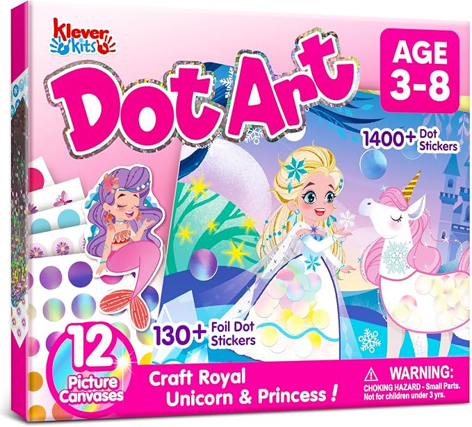 Klever Kits Princess Dot Art Kit for Kids, No Mess Sticker for Kids 3-7, Art and Craft Kits, DIY Creative Activity, Travel Toy, Birthday Presents for Boys Girls