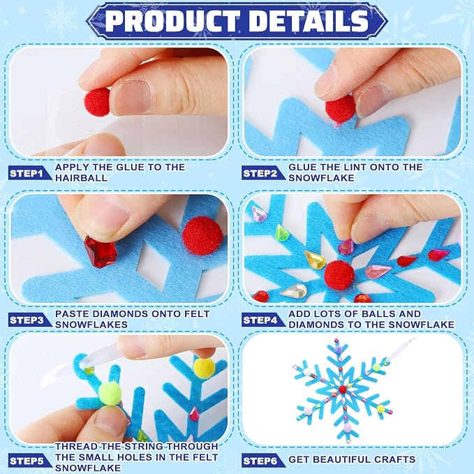 Jetec 72 Set Holiday Snowflake Craft Kit, Felt DIY Winter,Assorted Color | Holiday Arts and Crafts for Boys Girls, Colorful Felt Poms, Self-Adhesive Gem Stickers, Winter Party Ornament DIY