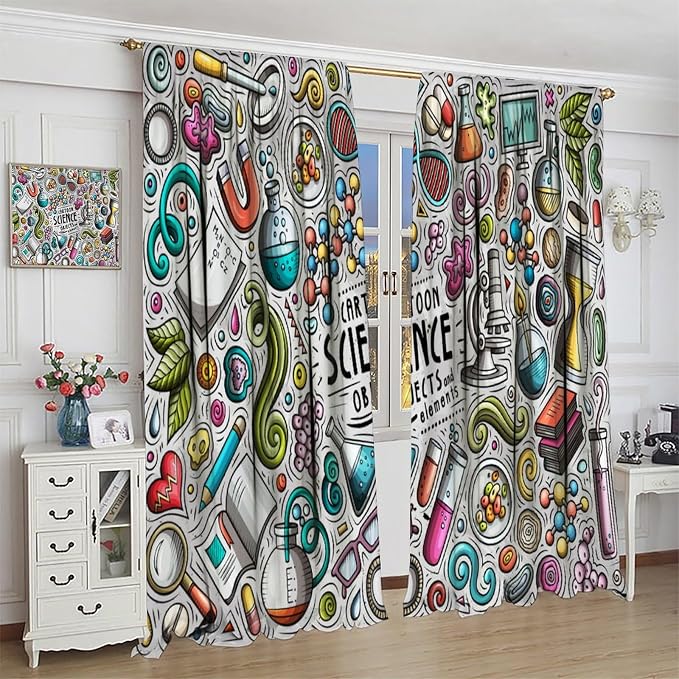 Science Symbols Kids Curtain Sketches Cartoon Chemistry Physics Geometry Education Pattern Print Window Drapes for Bedroom Living Room Kitchen Decor,2 Panel Set,55x63 Inch Blackout