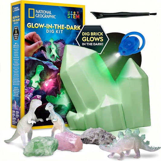 National Geographic Glow-in-the-Dark Rock and Dinosaur Dig Kit for Kids | 6 Glow-in-the-Dark Rocks and Dinosaurs, Glowing Dig Brick, Excavation Tools, Rock Collection, STEM Activity, Birthday Gift