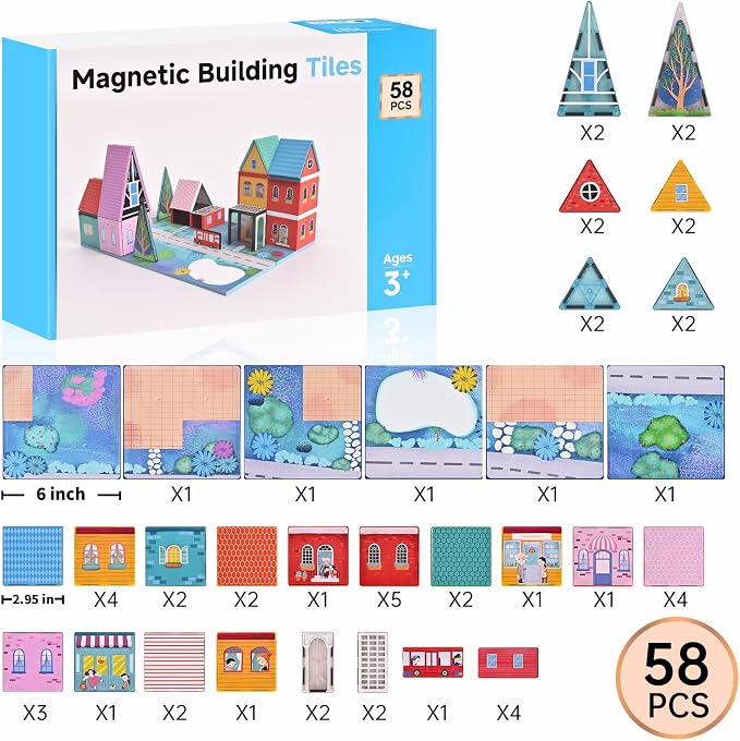 Magnetic Tiles Toy Set for Kids with 6 Large Square , Magnetic Blcok Fairytale Town Set, Magnetic Building Blocks with Road, Large Expansion STEM Building Magnet Toys for Ages 3-5 4-8 5-7 Boys Girls