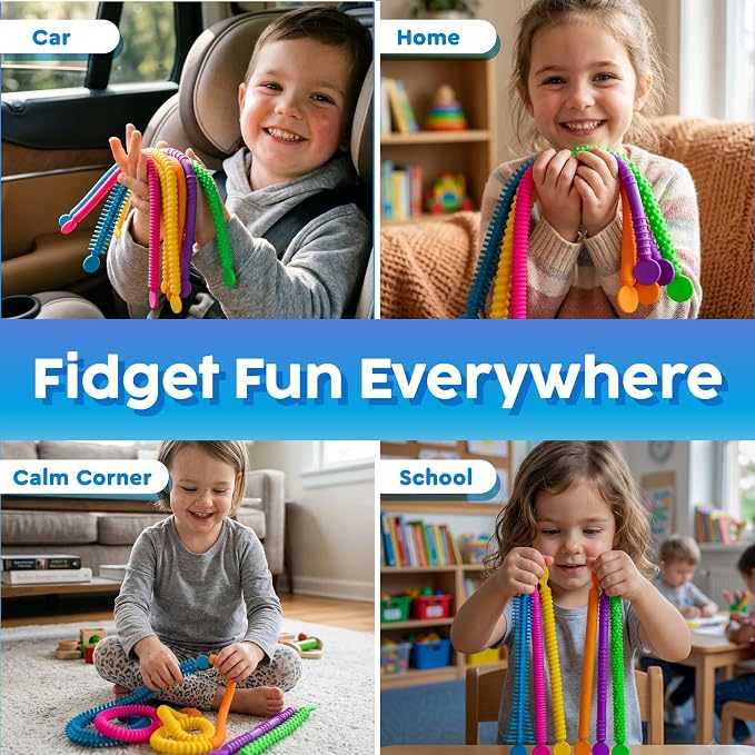 BUNMO Stretchy Strings - Stimulating & Fun Fidget Toys for Kids - Hours of Fun - Non-Mouthable Toy 3+ - Super Sensory 6 Pack
