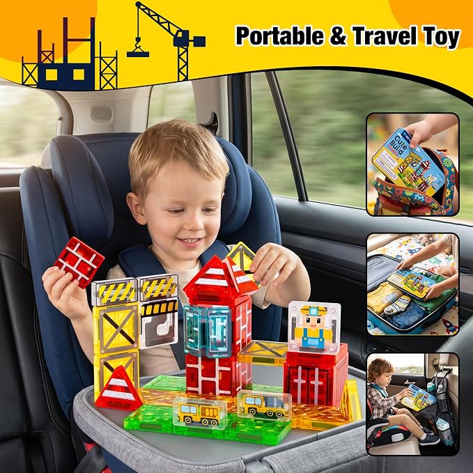 42PCS Mini Magnetic Tiles Toddler Travel Toys for Boys 3-5 Year Old Gifts | Construction Theme, Portable Metal Case, Kids Travel Essentials for Airplane, Car & Road Trip, STEM Preschool Learning Toys