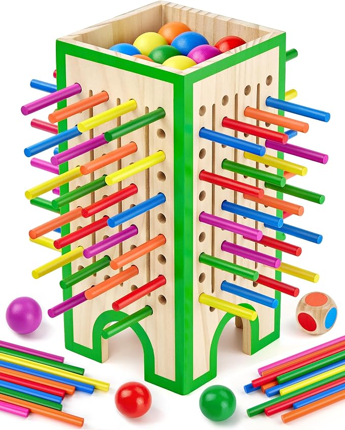 Montessori Wooden Board Game Ages 4-8 Fine Motor Toy | Water-Based Paint, Smooth Finished Edges, Family Night, Color Matching, 12 Balls, Storage bag, Ideal Gift