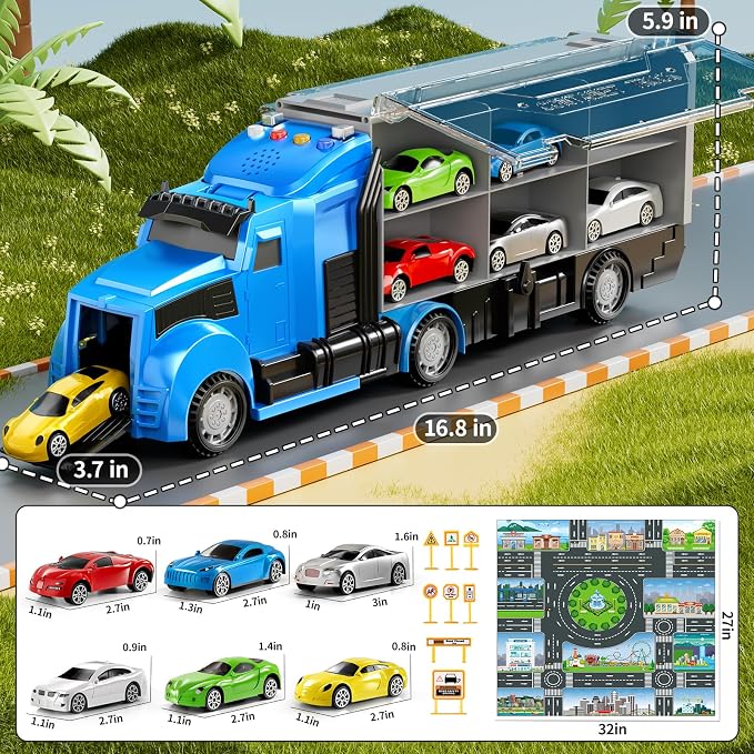 NIPLOOOW Racing Trucks Toy Set with Play Mat, Carrier Truck Play Vehicles Set for 3 4 5 6 Years Old Boys Kids, Die-Cast Car Toy for Toddlers 3-4 Years, Birthday Gifts Toys for 3-9 Year Old Boys