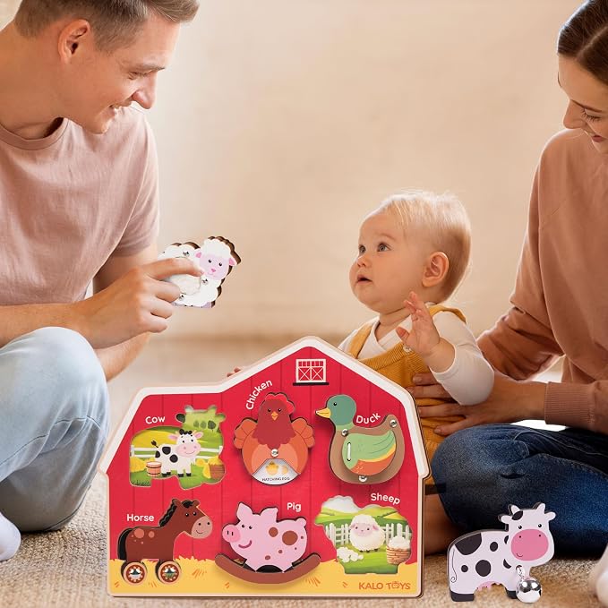 KALOTOYS Wooden Farm Animal Puzzle for Toddlers 1-3 – 6 Piece Montessori Sound & Sensory Puzzle with Textures & Hatching-Egg Chicken – Fine Motor Learning Toy & Autism-Friendly Baby Gift
