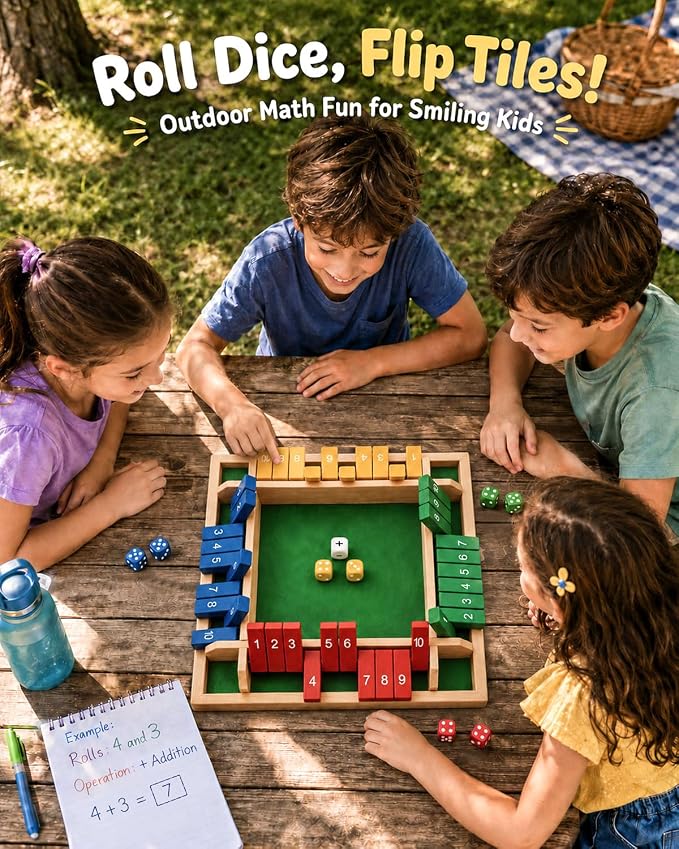 Upgraded 12-inch Shut The Box Game, Easy Quick and Fun Educational Math Game with 4 Symbolic Dice, 1-4 Players Wooden Board Games for Family Night Classroom Party, Tabletop Games for Kids Adult Senior