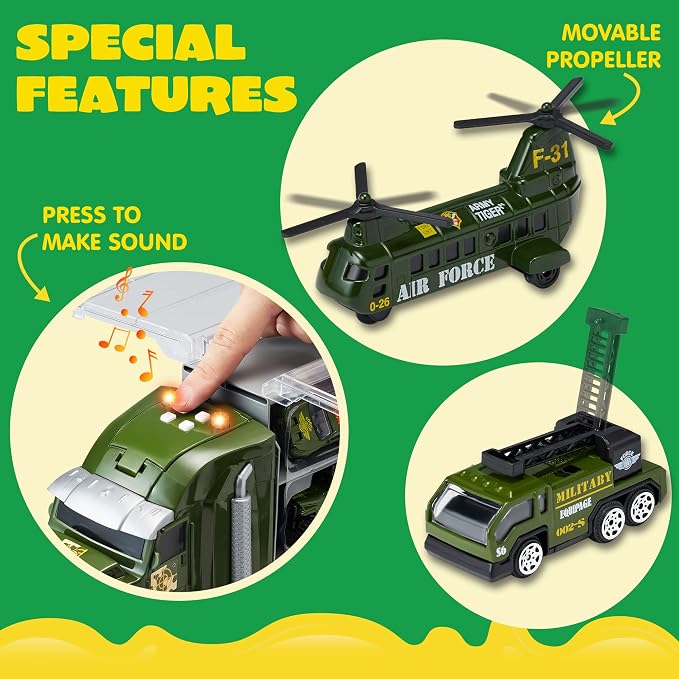 JOYIN 25 in 1 Military Kids Truck Toys for Age 3+, Kids Boy Toys, Army Men Tanks Set with Soldier Men, Mini Battle Cars in Carrier Truck with Lights and Sounds, Gifts for Grandkids