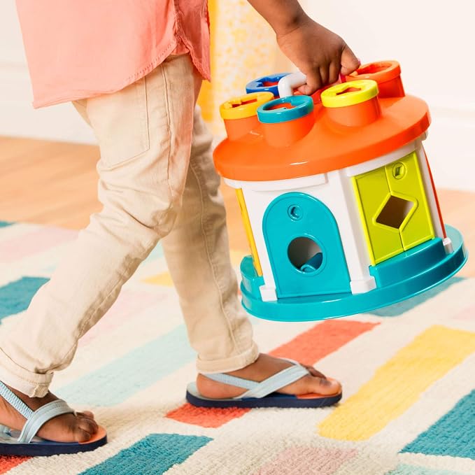 Battat Color Sorting Toy with Keys and Storage, Toddler, 14-Piece Set | Take-along shape sorting house with 12 different shapes, color-coded keys, carry handle, and storage inside, 2+ Years