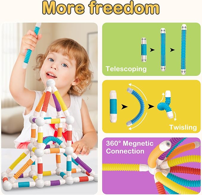 LONEEDY 48PCS Retractable Magnetic Sticks Building Toy Set-Flexible Magnetic Rods & Balls,Educational Building Blocks for 3+Kids (48PCS)