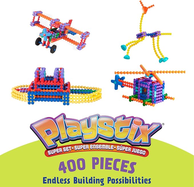 POPULAR PLAYTHINGS Playstix, Super Set 400 Piece, Building Sticks Kit | for Kids Ages 4 and Up, Construction Stem Building Toy Gift, for Boys & Girls, for Kids