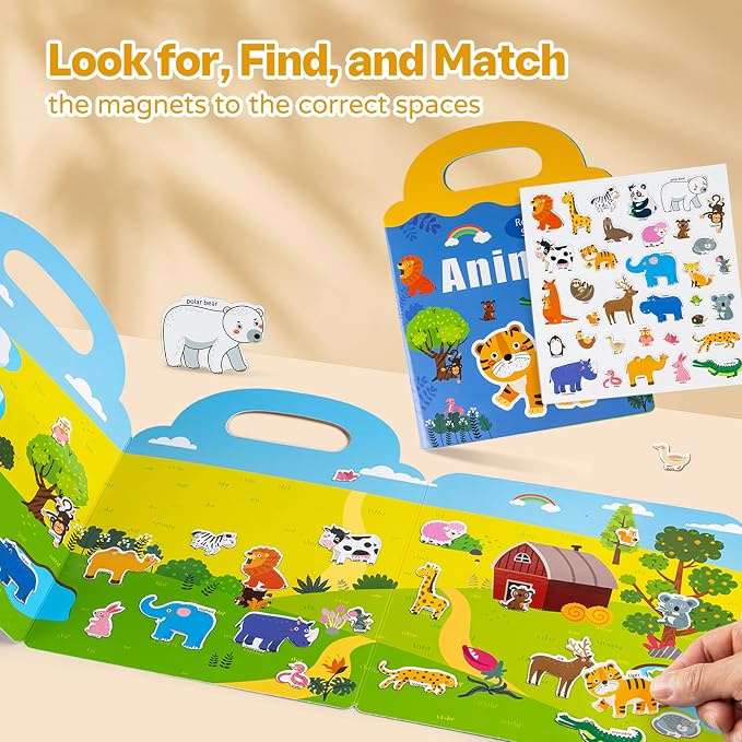 Magnetic Reusable Sticker Book for Toddler, Dinosaur Activity Magnet Book for 3 4 5 Years Boys Girls Road Trip Airplane Train Travel Essentials Toy for Kids Birthday Gifts Educational Learning Toys