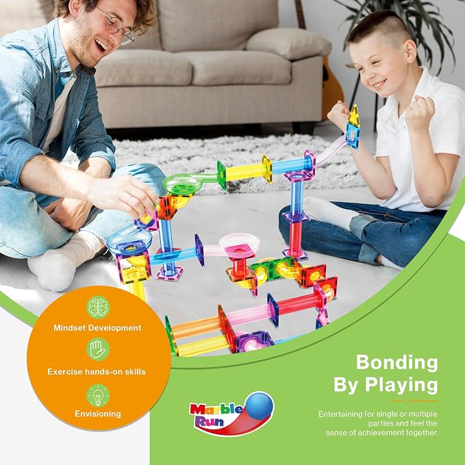 PicassoTiles 120 PCS Magnetic Tile Marble Run STEM Construction Set Ages 3+ | 10 dynamic shapes, translucent track parts, funnels & slopes, steel-weighted balls, BPA-free ABS, coordination & spatial play