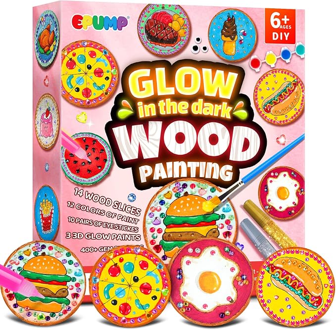EPUMP Glow in the Dark Wooden Painting Kit for Kids with Magnets, Arts and Crafts Kit Creative Activity Toy, Art Kits Birthday Gift for Boys Girls Ages 6-12, Fun Indoor Outdoor Activities