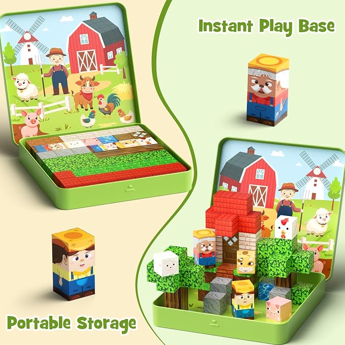Mini Magnetic Blocks for Travel Toys: 49 Pcs Farm Animals Iron Storage Box | Portable Play Base Magnets Building Cubes Car Rides Activity & Plane Trips Essentials STEM Learning for Kids Toddler Ages 3-8