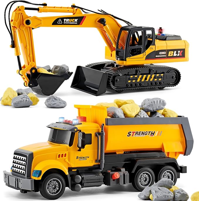 LerBao 2 Pack Construction Engineering Truck Toys,Moveable Claw Excavator & Lifting Back Dump Truck Toy for 3 4 5 6 7 8 Years Old Boys Kids Childs Toddlers Christmas Birthday Gift