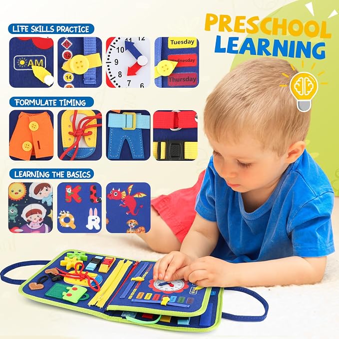 Toddler Busy Board, Montessori Sensory Toys for Boys, 3-8 Year Old Girl Toddler Travel Toys, Educational Learning Activities Board for Motor Skills, Birthday Gifts for Airplane Car, Pink
