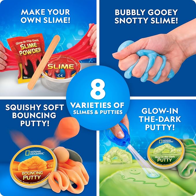 NATIONAL GEOGRAPHIC Mega Slime Kit & Putty Lab - 4 Types of Slime Plus 4 Types of Putty Including Magnetic, Slime Kit for Boys and Girls, Sensory Toy & Science Kit | 4 Slimes and 4 Putties, Magnetic and Glow-in-the-Dark Varieties, Science Toy for Kids,...