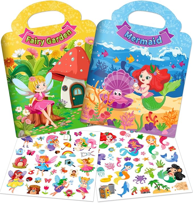 Reusable Sticker Books for Toddlers 1-3 Girls, 2 Pack Jelly Sticker Book with Mermaid & Fairy Themes, Dress Up Sticker Activity Travel Toys for Girls 2-4, Birthday Gifts Holiday Stocking Stuffers