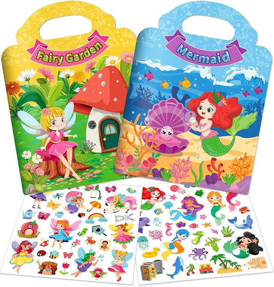 Reusable Sticker Books for Toddlers 1-3 Girls, 2 Pack Jelly Sticker Book with Mermaid & Fairy Themes, Dress Up Sticker Activity Travel Toys for Girls 2-4, Birthday Gifts Holiday Stocking Stuffers