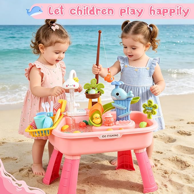 Upgraded 4-in-1 Sand Water Table for Toddlers 1-3, Kids Sensory Table with Electric Water Pump & Cloud Faucet, Play Kitchen Sink with Food Accessories, Fishing Toy ‒ Adjustable Height (Pink)
