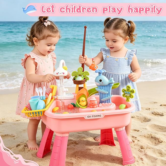 Ploomi Upgraded Toddler Sand Water Table Toy with Electric Water Pump, Kids Sand Water with Faucet/Play Food Accessories/Fishing Toy, Kitchen Play Sink Toys for Girl Boy Age 3+