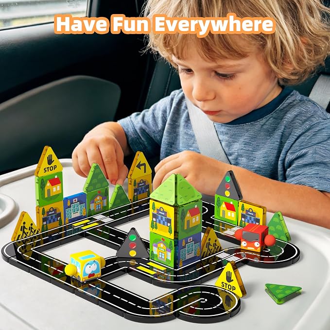 GobiDex Mini Magnetic Tiles Road Set with 2 Cars for Kids Ages 3+ | Travel Magnetic Building Blocks, STEM Educational Sensory Preschool Toys, Birthday Gifts for Boys & Girls Toys Age 4-6 6-8