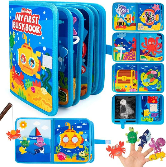 Toddler-Busy-Board, 10-Page Ocean Busy-Book, Learning Sensory-Board-Toys | Educational Quiet Activity Book with Sea Animals & Life Skills, Baby Book Sensory Fine Motor Toy for Airplane Car Travel Toys