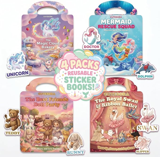 Reusable Jelly Sticker Books for Girls 3-8, Toddlers 2-4, 4 Sets | Sticker Activity Toys | Quiet Travel Toys | 3D Puffy Window Clings | Screen-Free Play | Girl Gift Ages 2-8